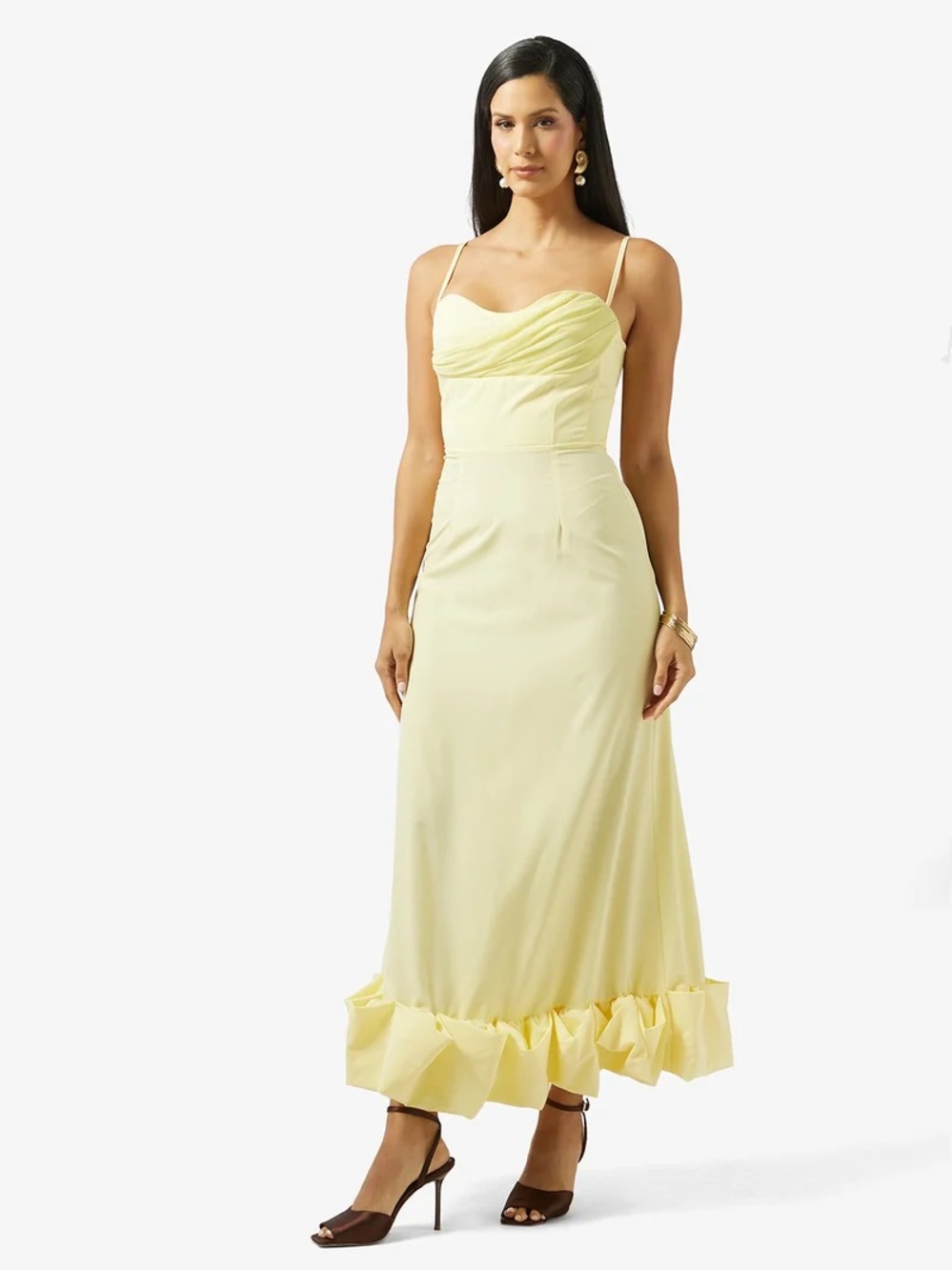 Yellow Spaghetti Strap Ruffle-Hem Maxi Dress